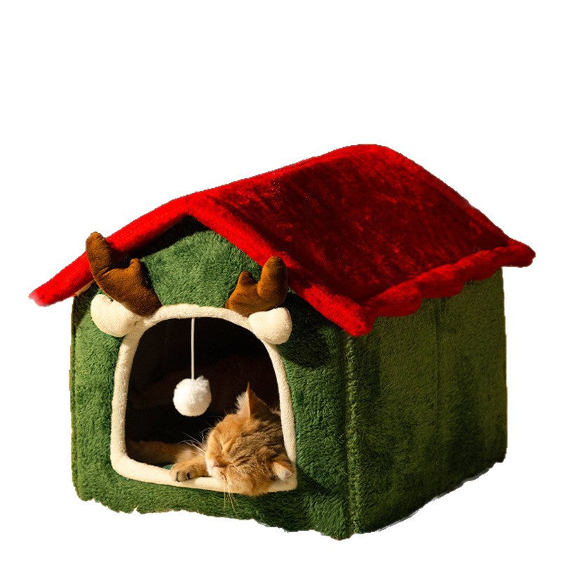 Christmas Cat Kennel, Warm in Winter, Universal for All Seasons, Removable and Washable Kennel, Enclosed Fleece-Lined and Thickeneded Cat House, Tent House