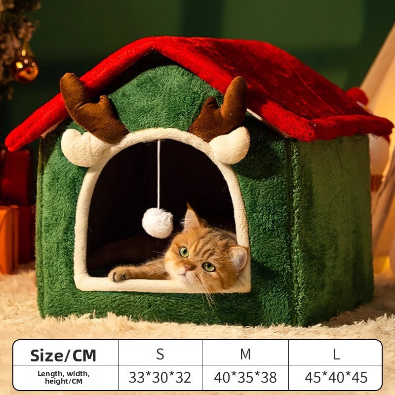 Christmas Cat Kennel, Warm in Winter, Universal for All Seasons, Removable and Washable Kennel, Enclosed Fleece-Lined and Thickeneded Cat House, Tent House