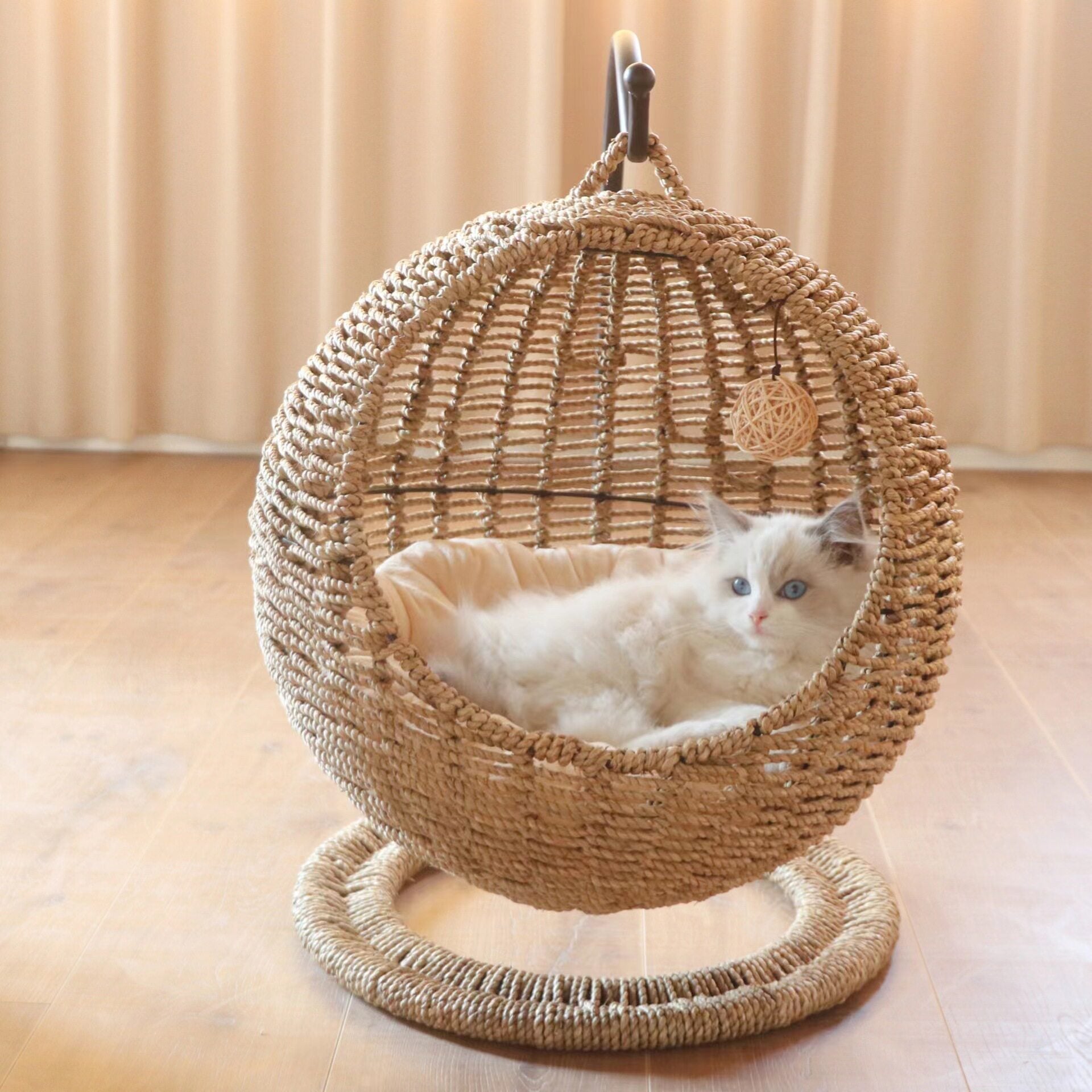 Semi-Enclosed Pet Hammock Cat Bed, Rattan Hanging Basket for Cats