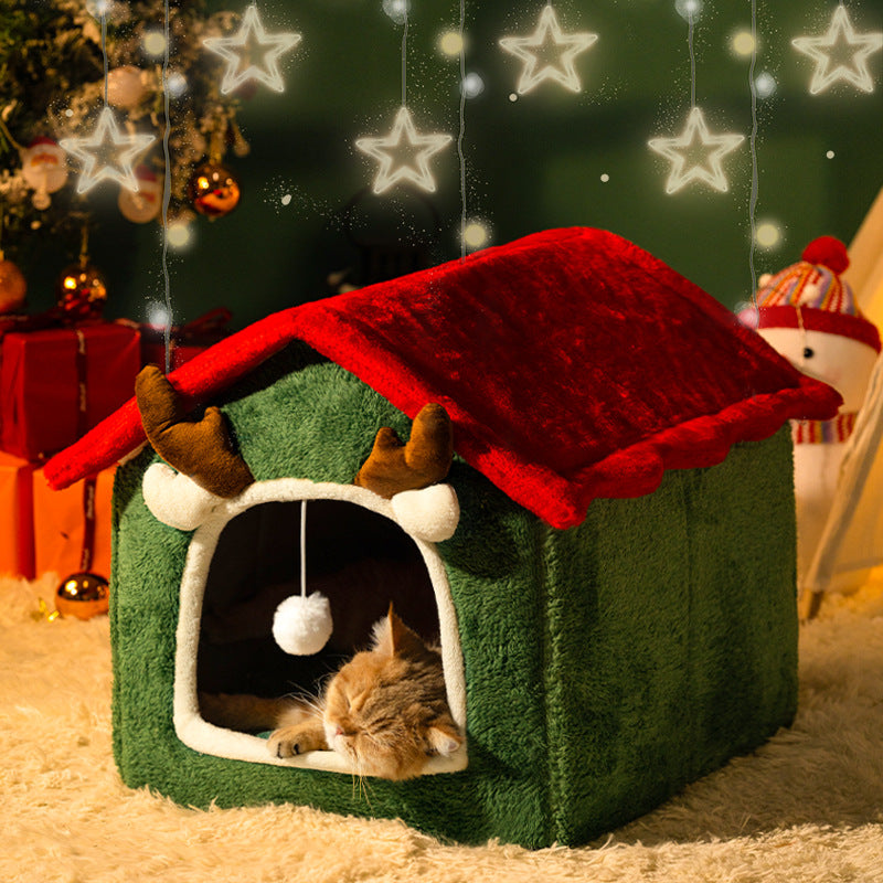 Christmas Cat Kennel, Warm in Winter, Universal for All Seasons, Removable and Washable Kennel, Enclosed Fleece-Lined and Thickeneded Cat House, Tent House