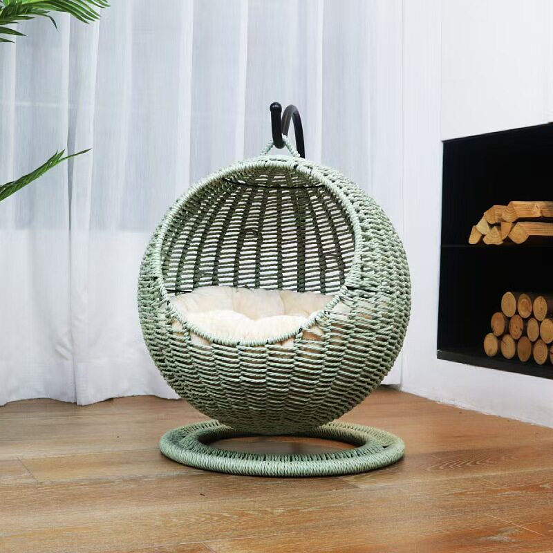 Semi-Enclosed Pet Hammock Cat Bed, Rattan Hanging Basket for Cats