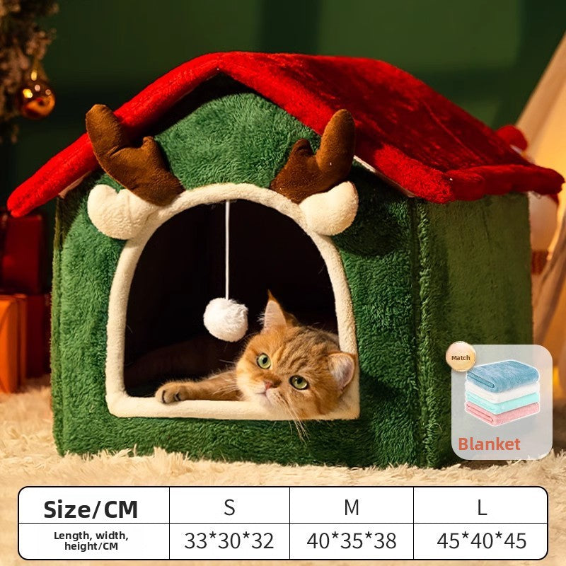 Christmas Cat Kennel, Warm in Winter, Universal for All Seasons, Removable and Washable Kennel, Enclosed Fleece-Lined and Thickeneded Cat House, Tent House