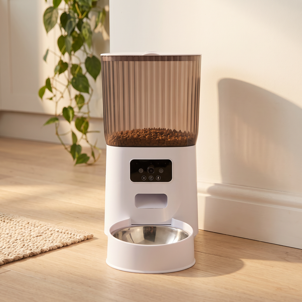 Watchtower cat feeder in a bright British kitchen on a pale oak floor