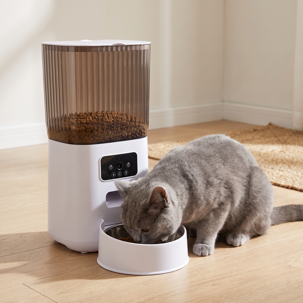British Shorthair cat eating from the Kitty Korners Watchtower automatic feeder bowl