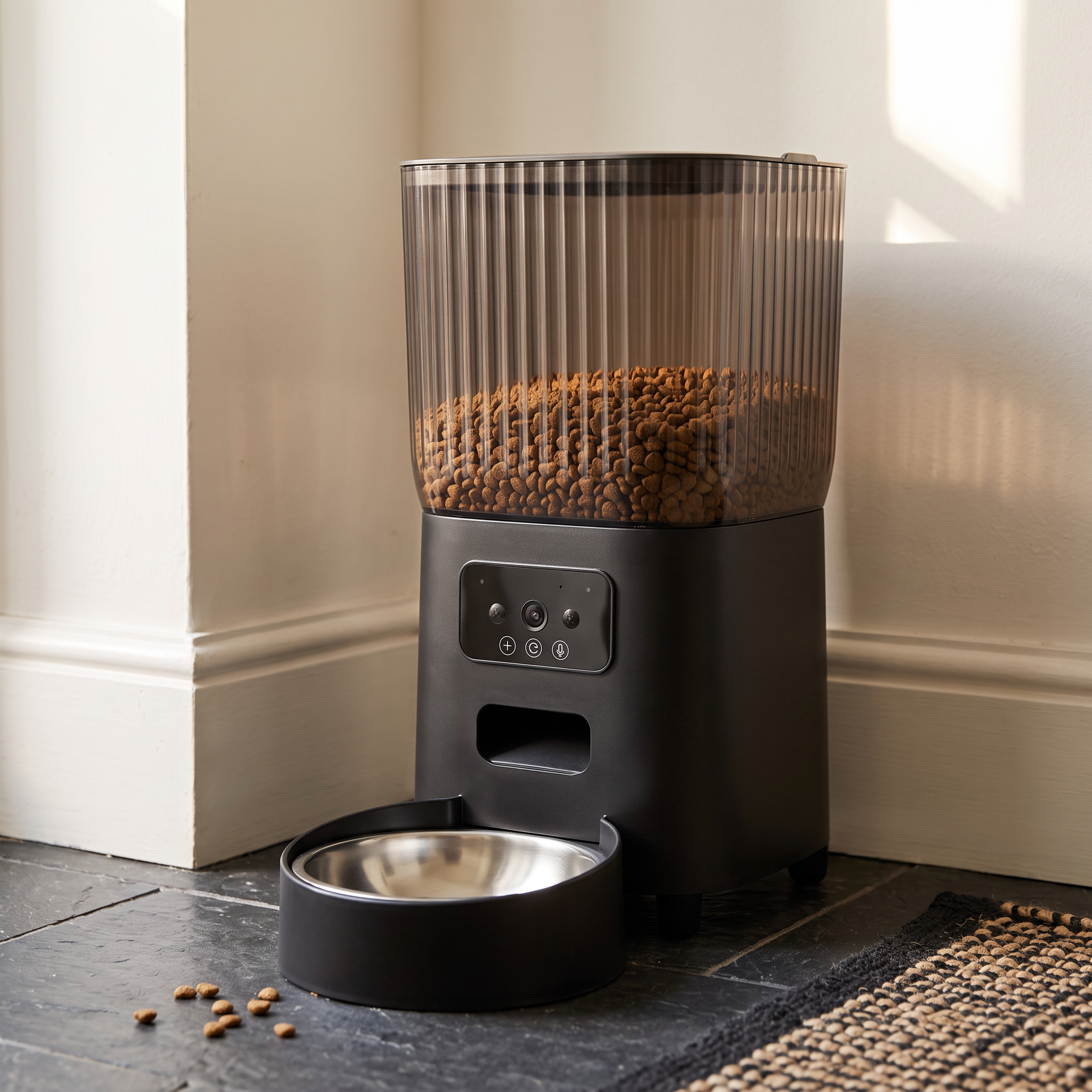 Watchtower automatic cat feeder in black on a kitchen floor, 5L smoked hopper with stainless steel bowl