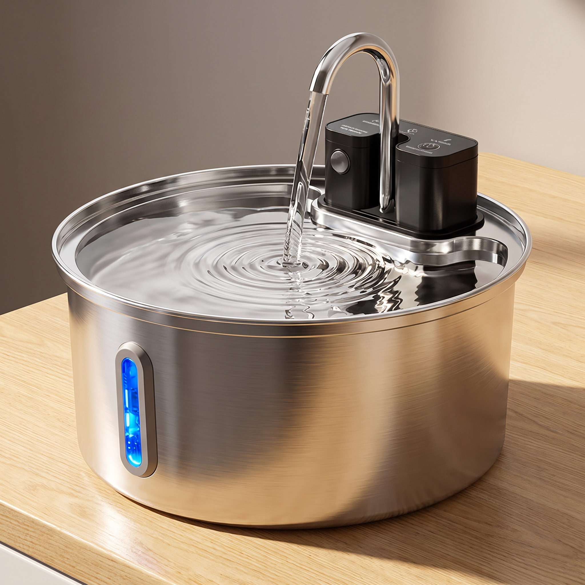 Close view of the brushed stainless steel bowl and gooseneck spout with water circulating