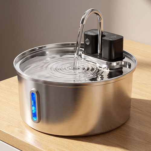 Close view of the brushed stainless steel bowl and gooseneck spout with water circulating
