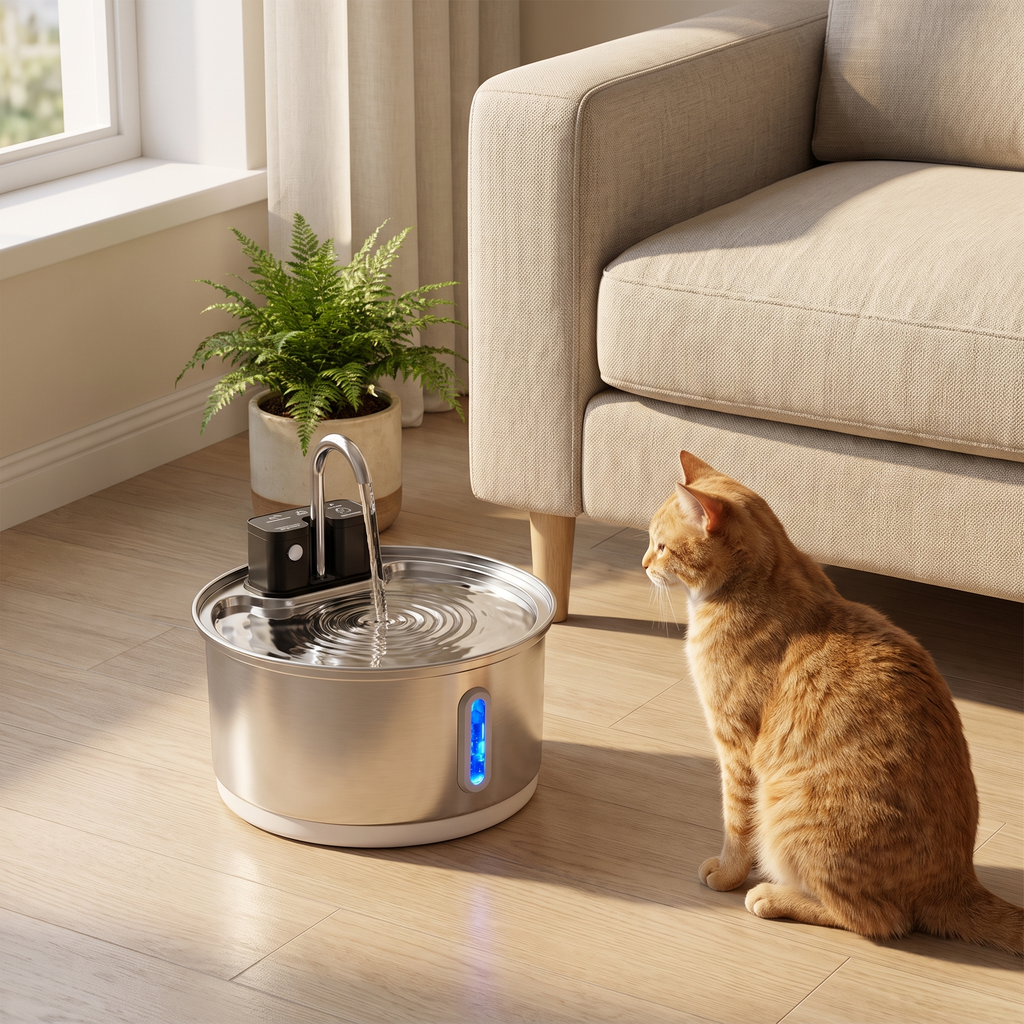 The cat water fountain placed on a wooden floor in a living room with a ginger cat sitting nearby