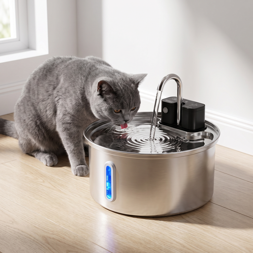 British Shorthair cat drinking from the stainless steel cordless cat water fountain on a wooden kitchen floor