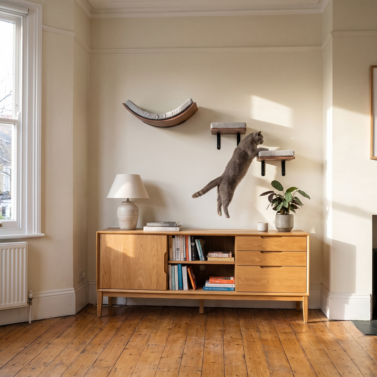 Cat climbing to the wall-mounted frame in a bright living room