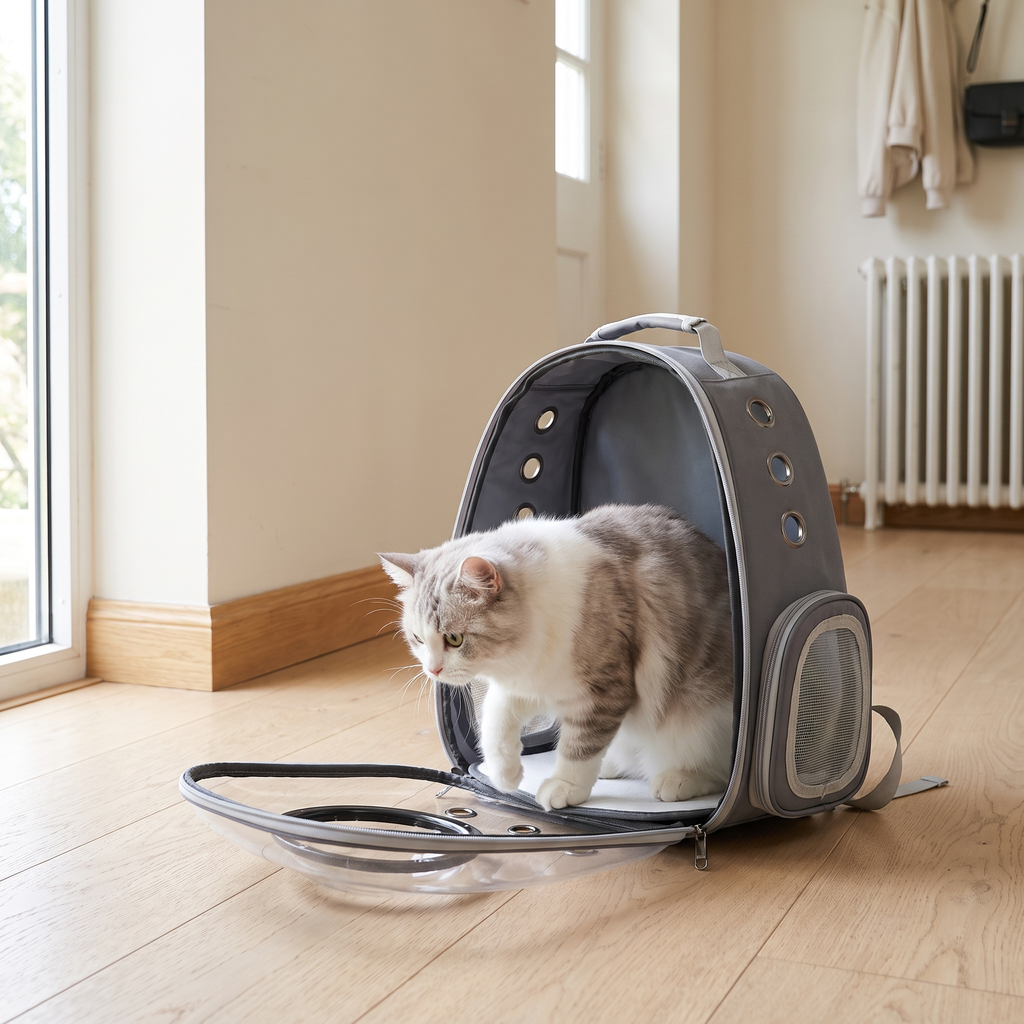 The cat backpack carrier standing open on a wooden floor with a cat stepping in