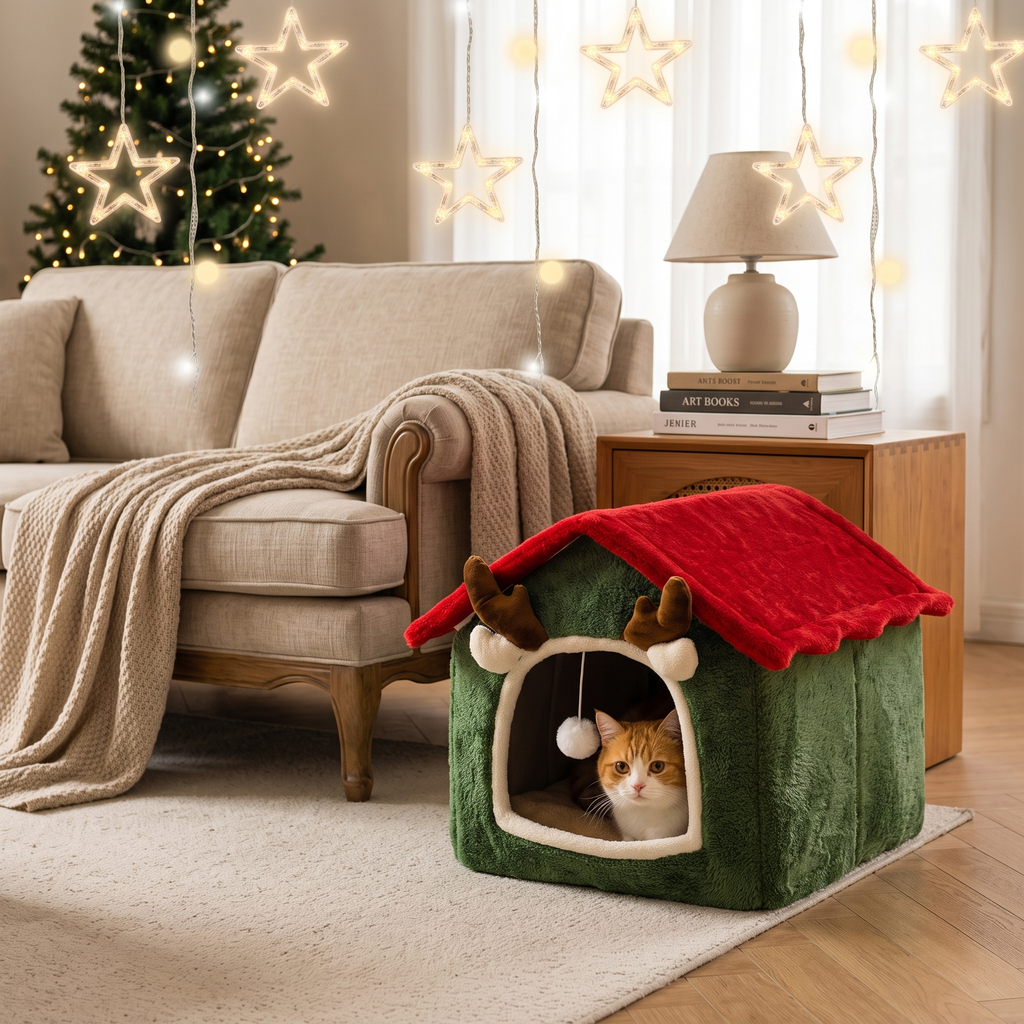 The cat house beside a sofa with a cat peeking out of the entrance