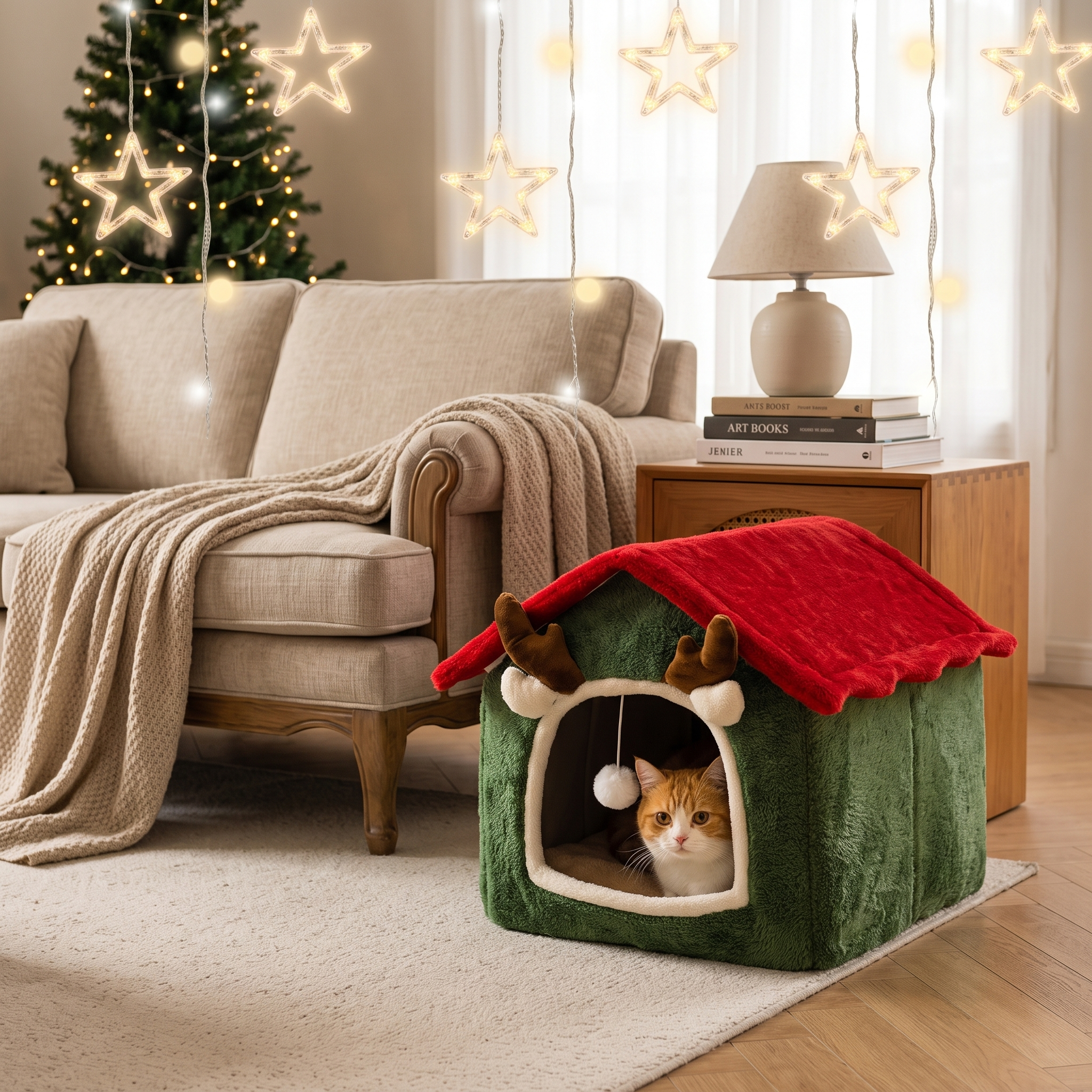 The cat house beside a sofa with a cat peeking out of the entrance