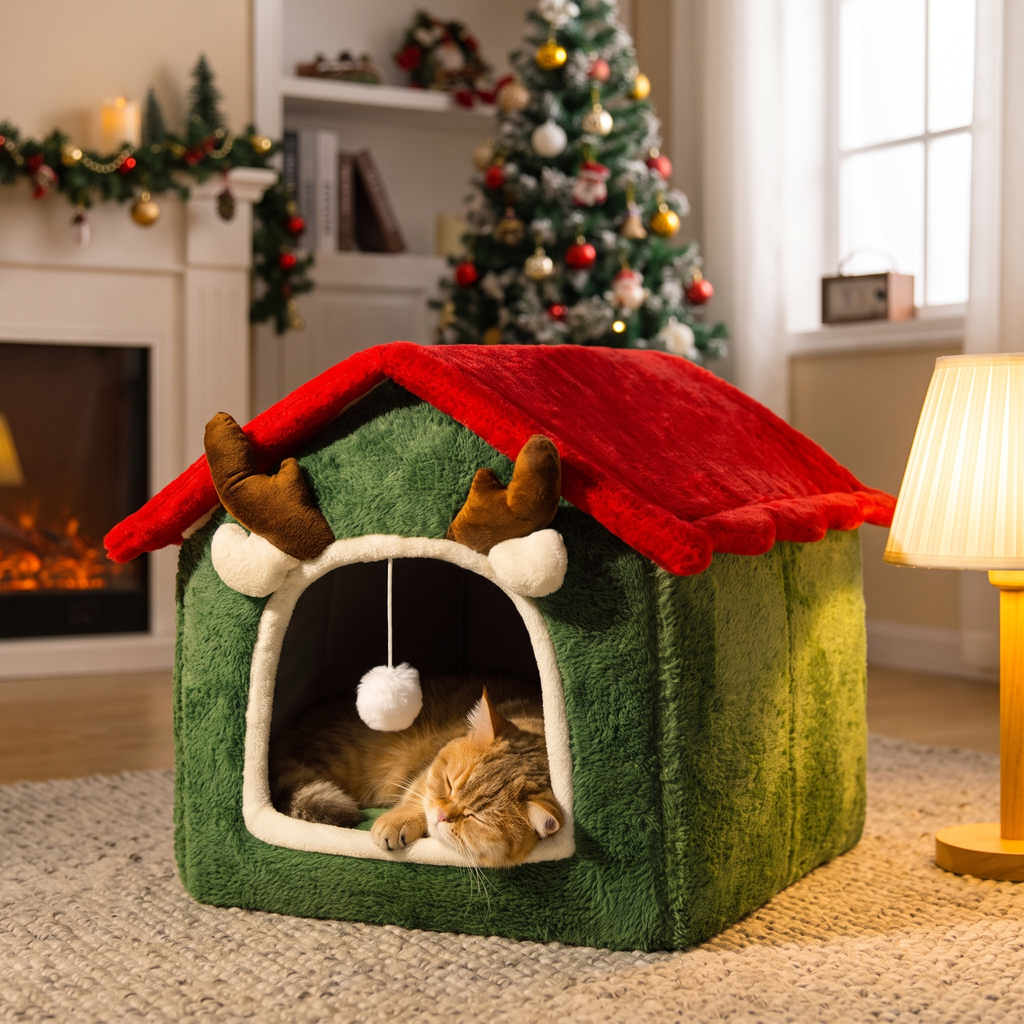 Enclosed festive cat house on a rug with a cat curled asleep inside
