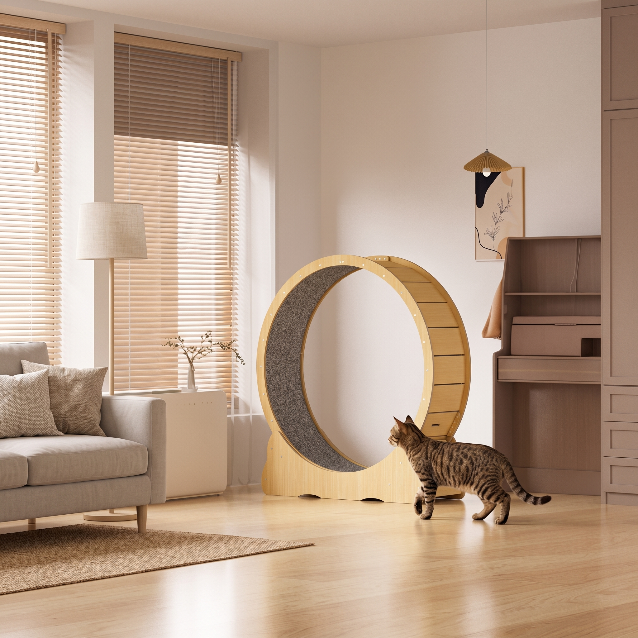 The cat exercise wheel beside a sofa showing its scale in a living room