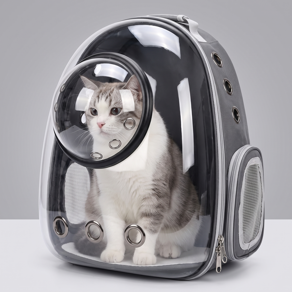 Close view of the clear bubble dome and mesh ventilation panel with a cat inside