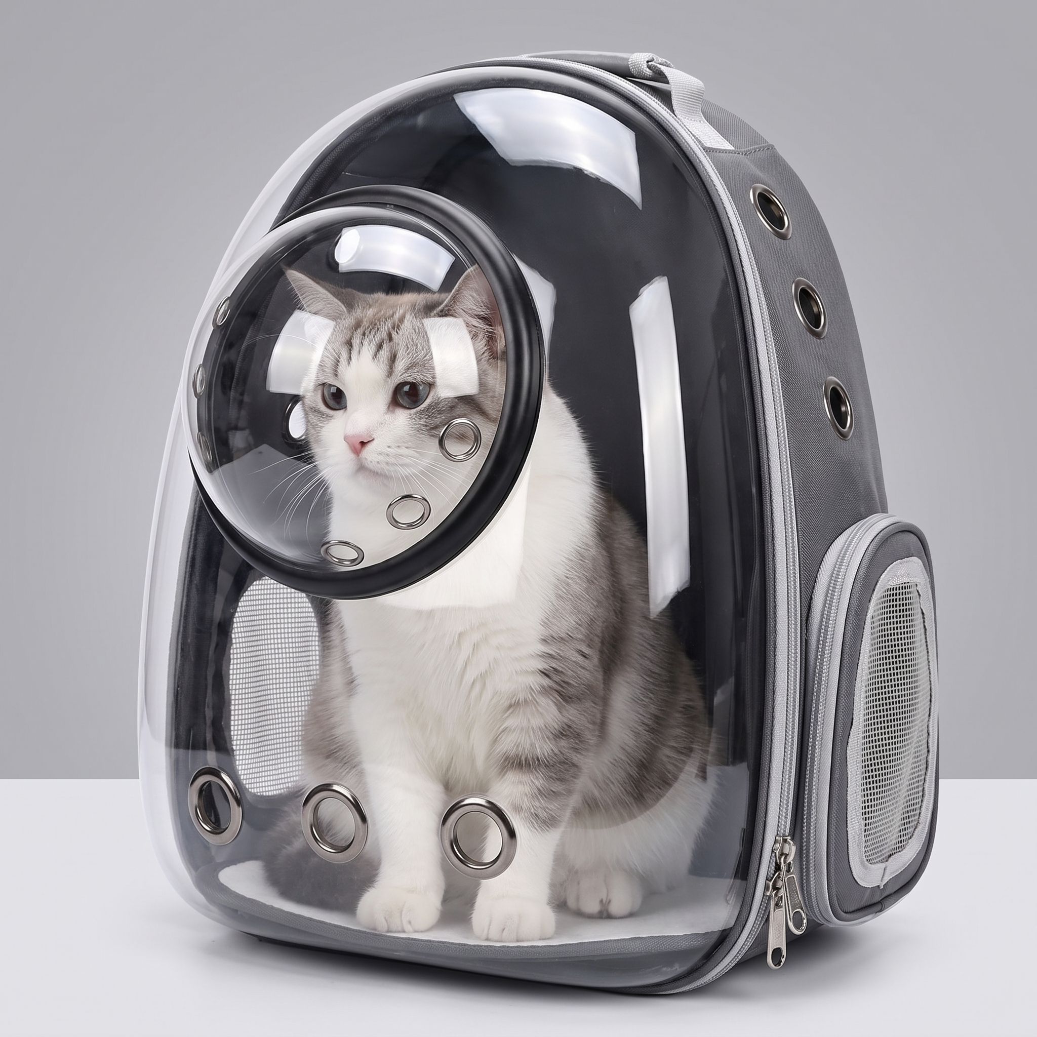 Close view of the clear bubble dome and mesh ventilation panel with a cat inside