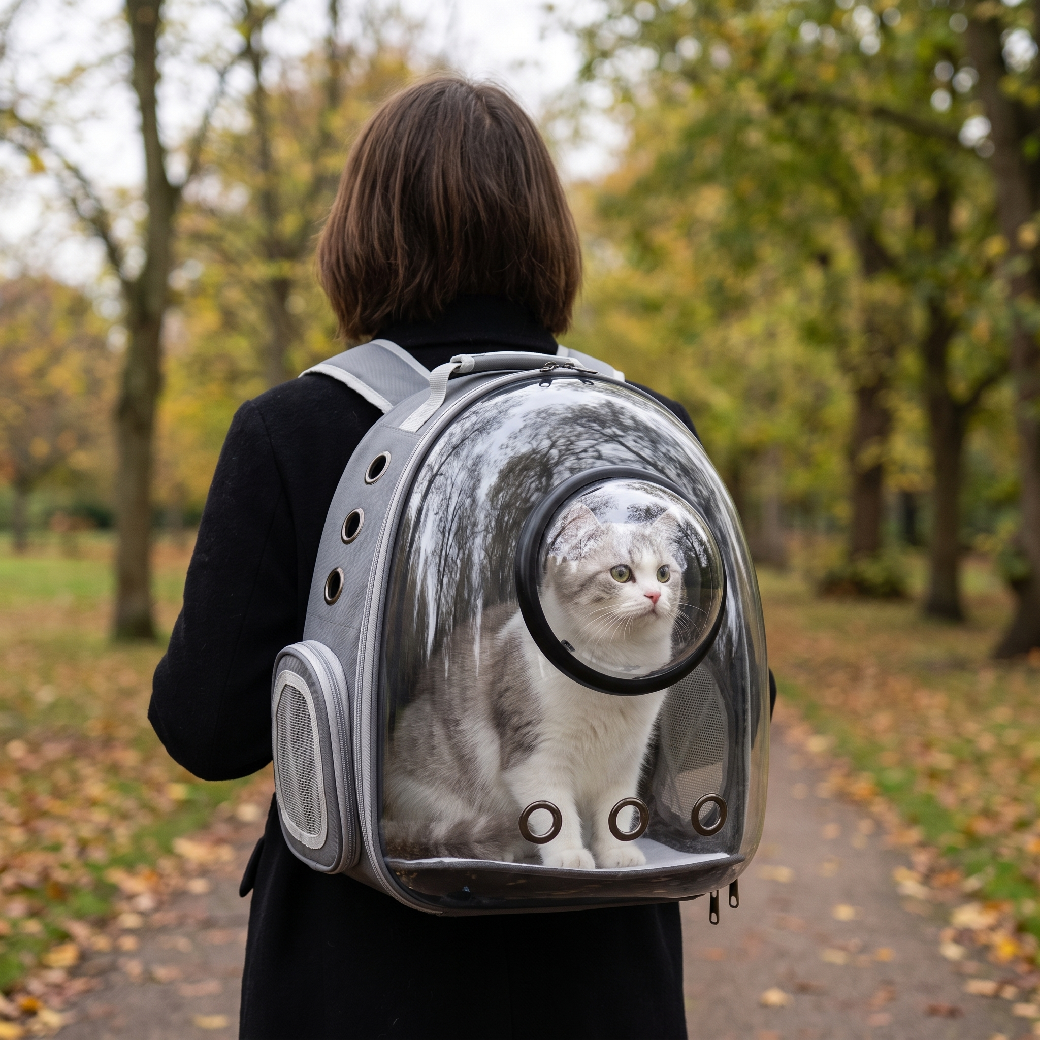Person carrying the transparent space capsule cat backpack in a park with a cat looking out