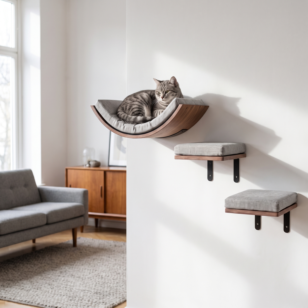 Wall-mounted wooden cat climbing frame with a grey tabby cat resting on the upper platform