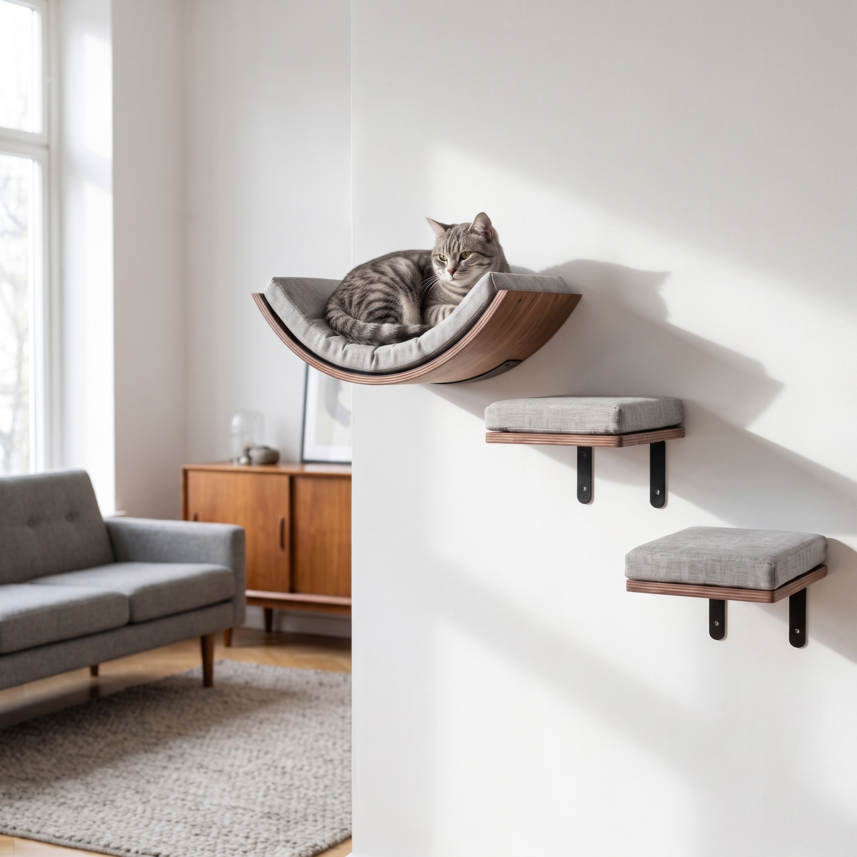 Wall-mounted wooden cat climbing frame with a grey tabby cat resting on the upper platform