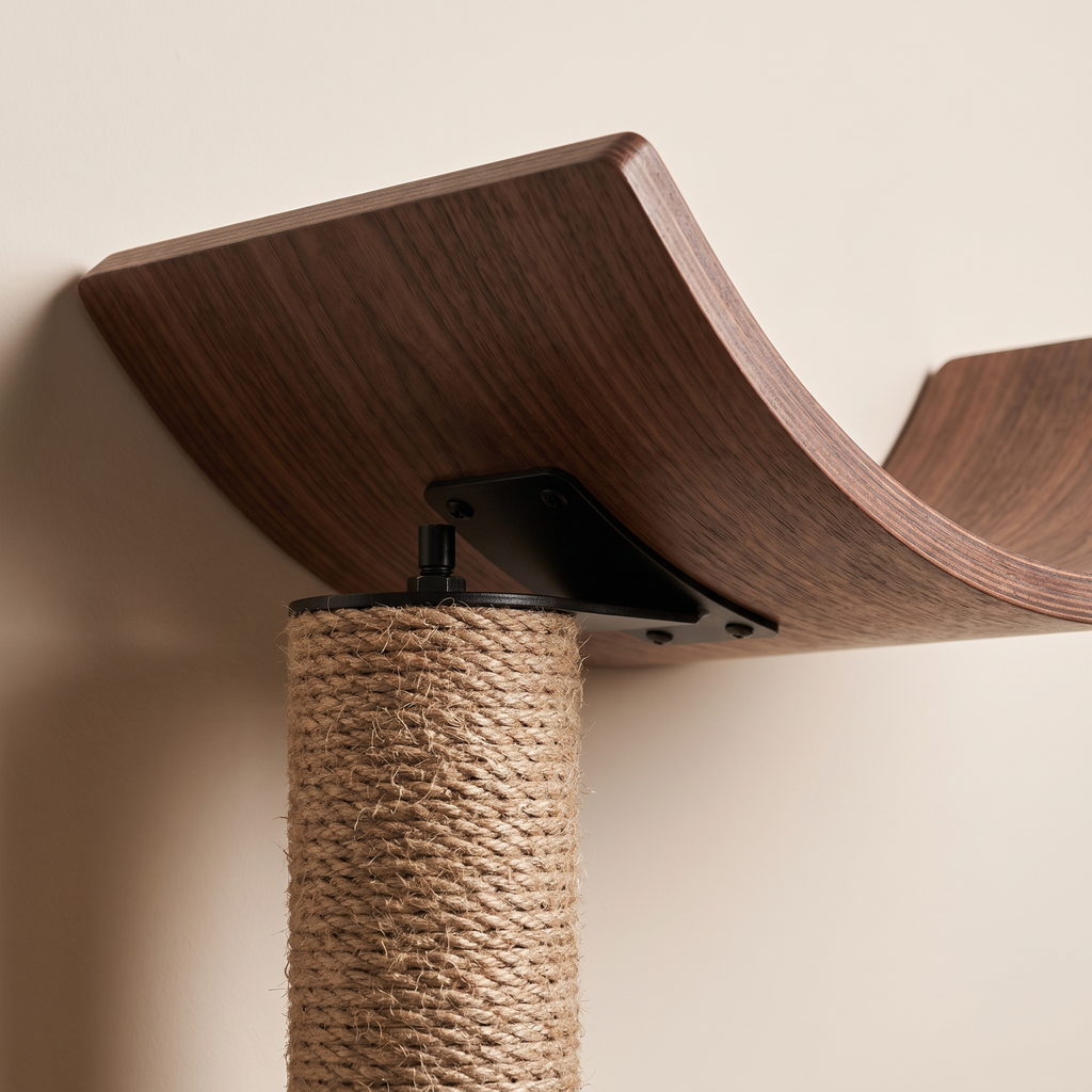 Close detail of the bentwood platform and sisal scratching post