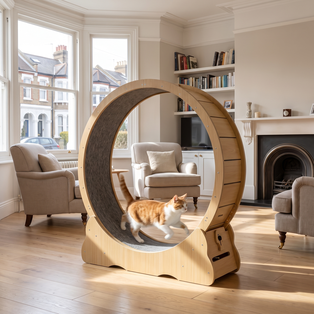 Cat running inside the wooden cat exercise wheel in a bright living room