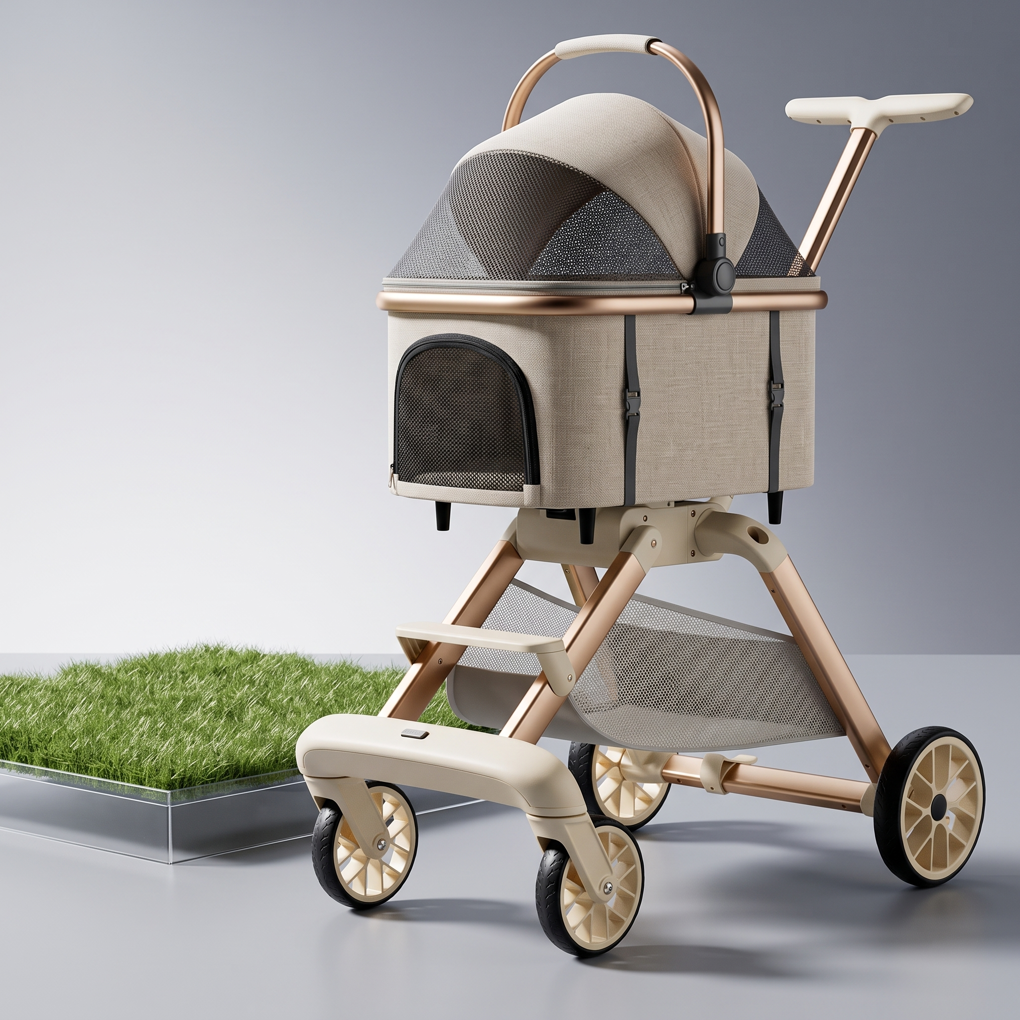 Close detail of the stroller mesh door, zips and handle