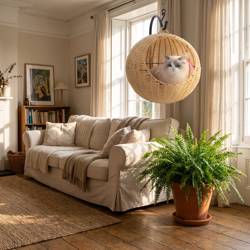 The hanging basket suspended in a living room corner showing its scale