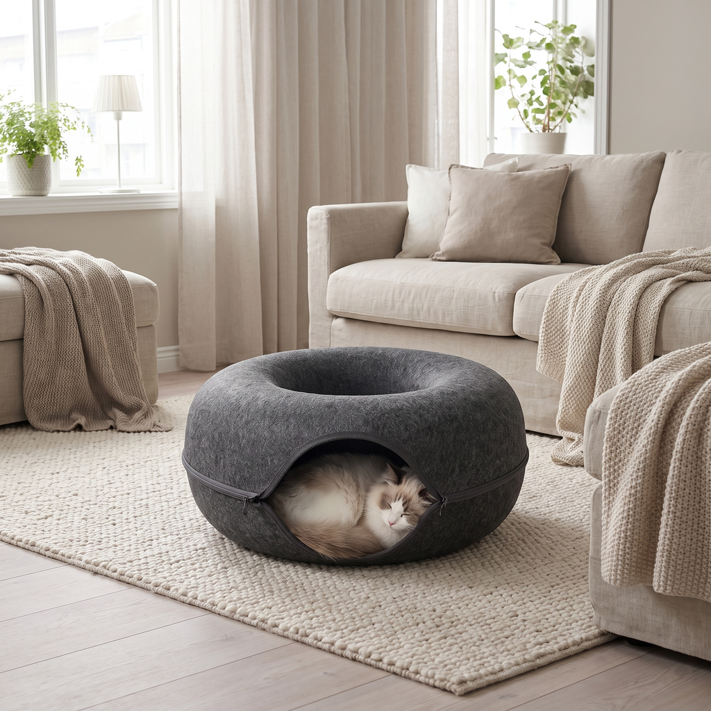 Cat curled asleep inside the felt donut bed on a wool rug