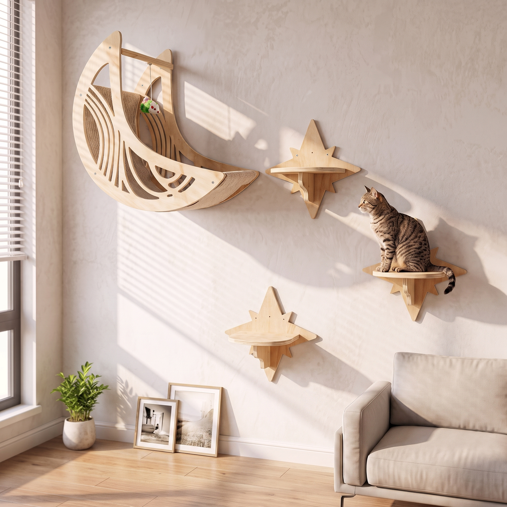 Wooden wall-mounted cat climbing frame with a cat sitting on a platform