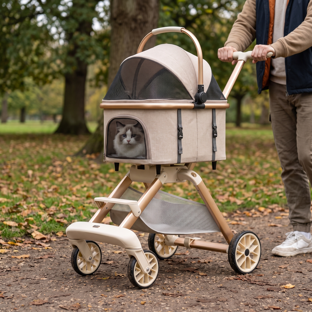Person pushing the foldable pet stroller along a park path with a cat inside