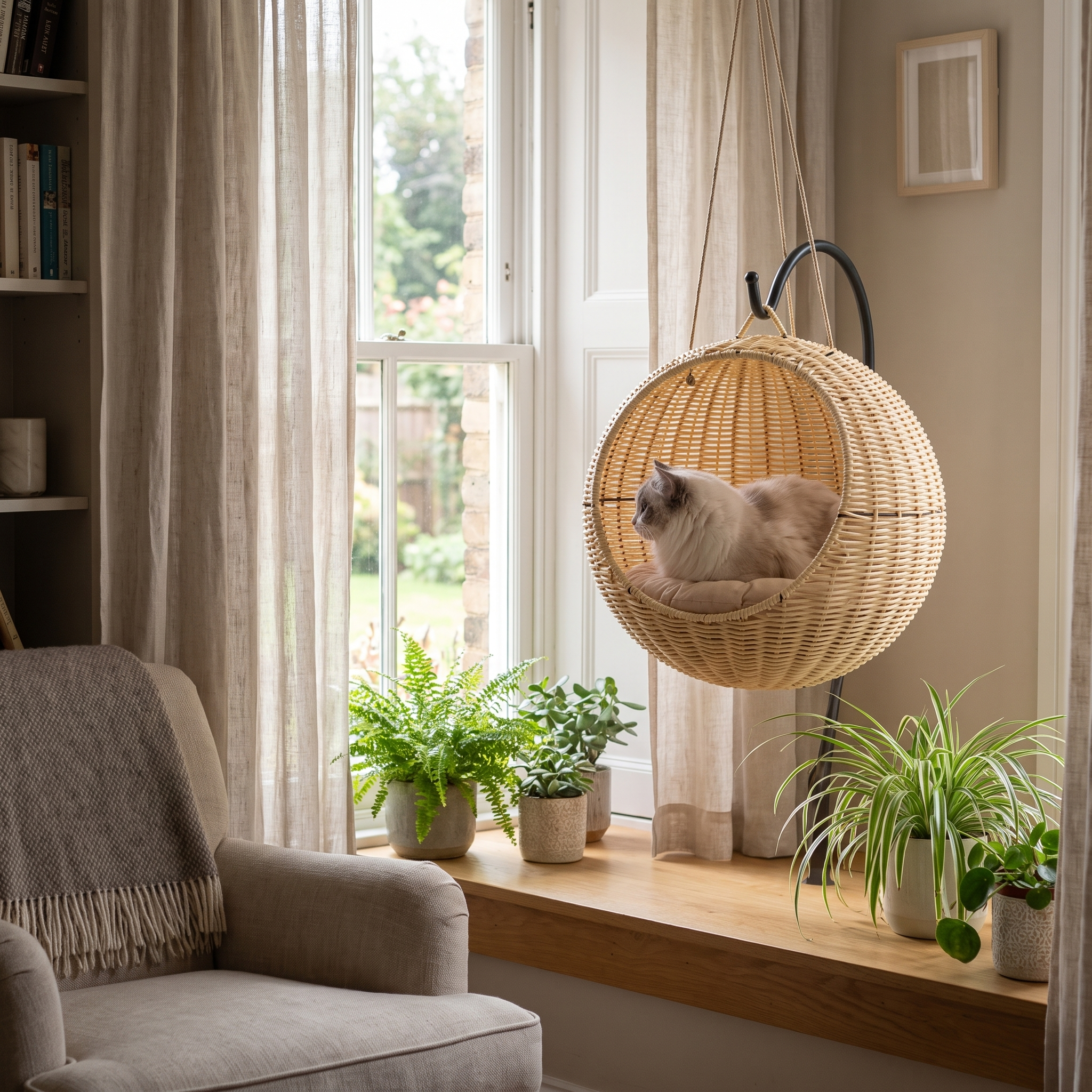 Rattan hanging cat basket by a window with a cat curled inside