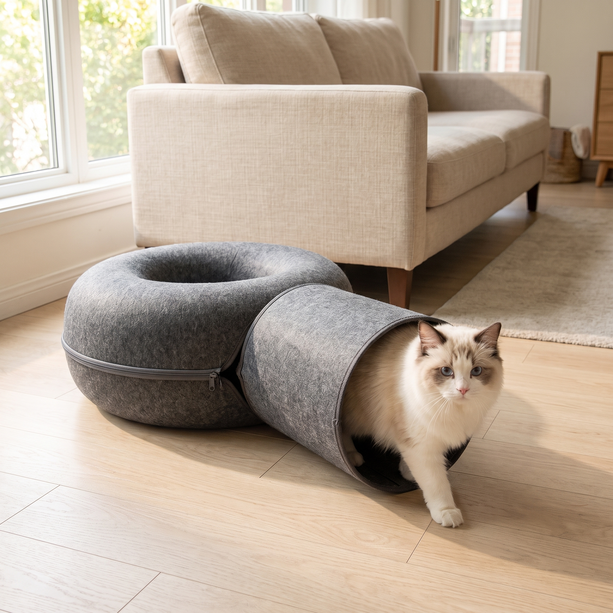 The felt bed and detachable tunnel set up together with a cat emerging