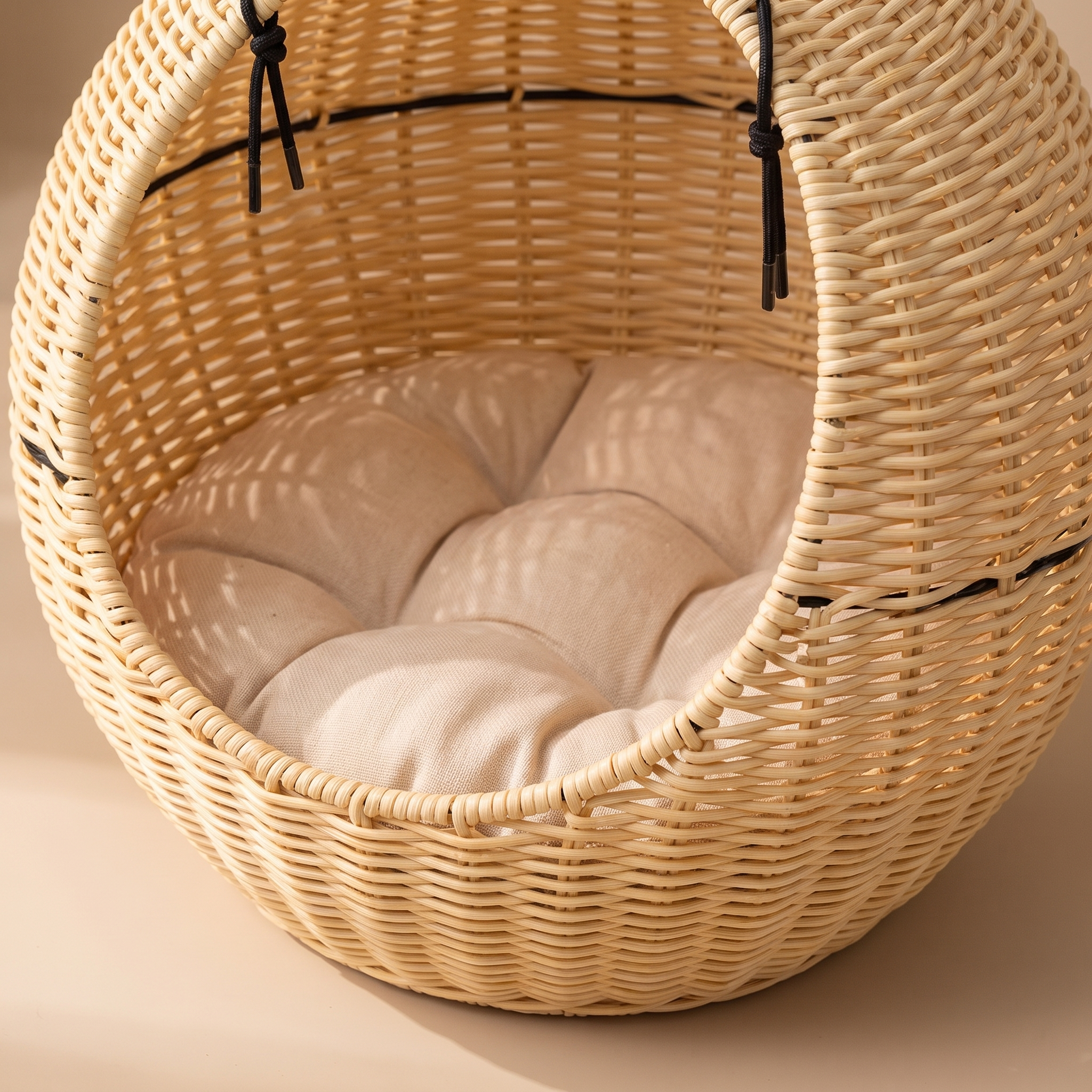 Close detail of the woven rattan texture and cushion