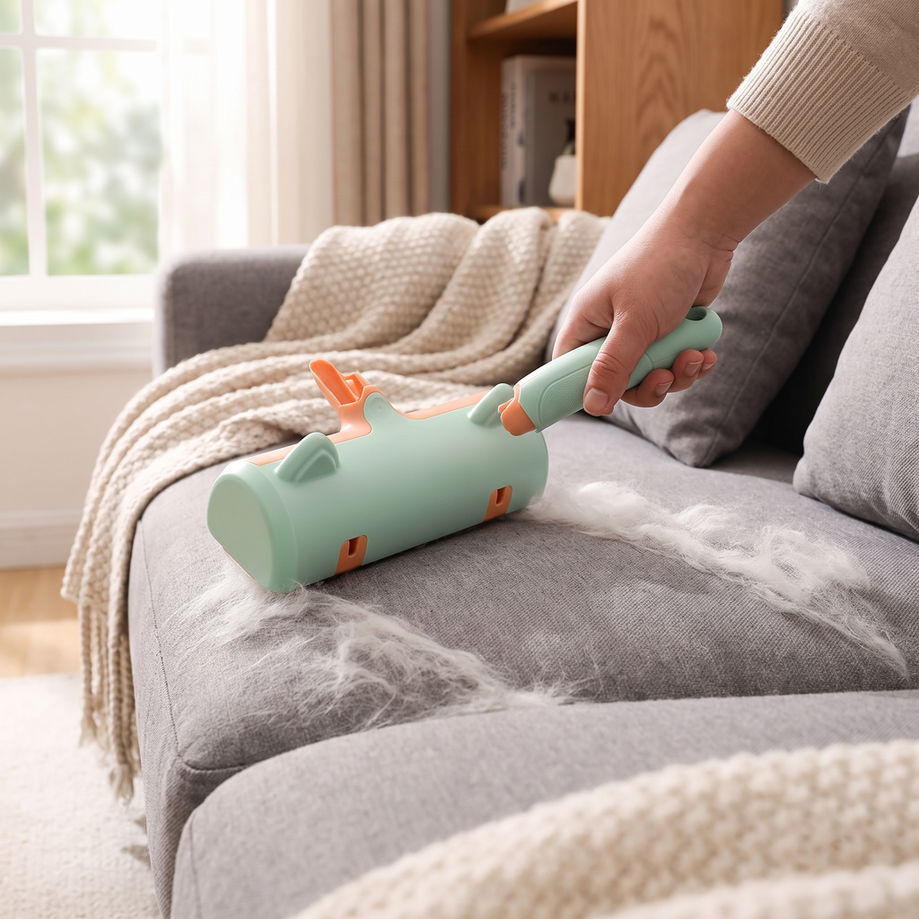 Pet hair remover brush sweeping cat hair from a fabric sofa