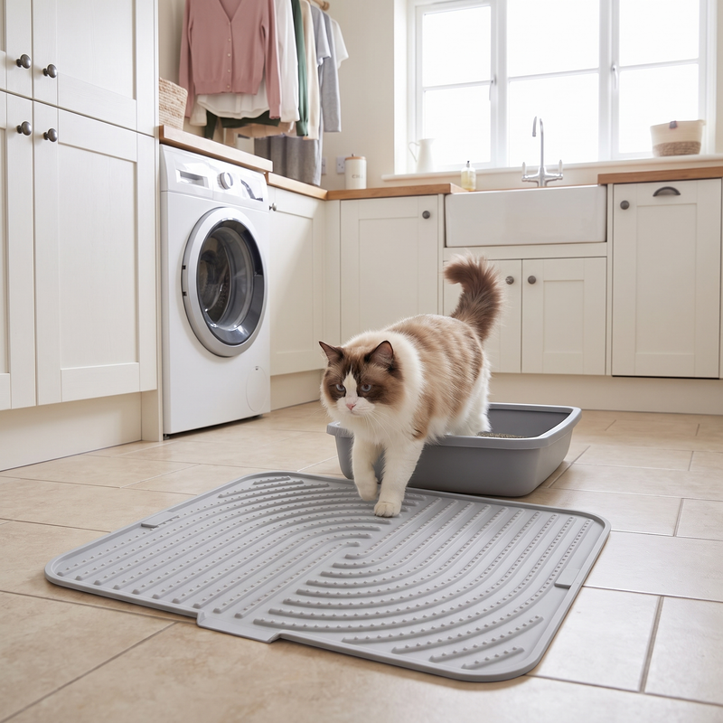 Silicone cat litter mat in front of a litter tray with a cat stepping off it