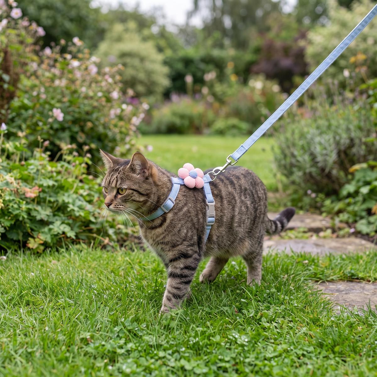 Tabby cat wearing the anti-escape H harness walking on grass in a garden