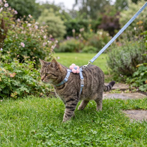 Tabby cat wearing the anti-escape H harness walking on grass in a garden