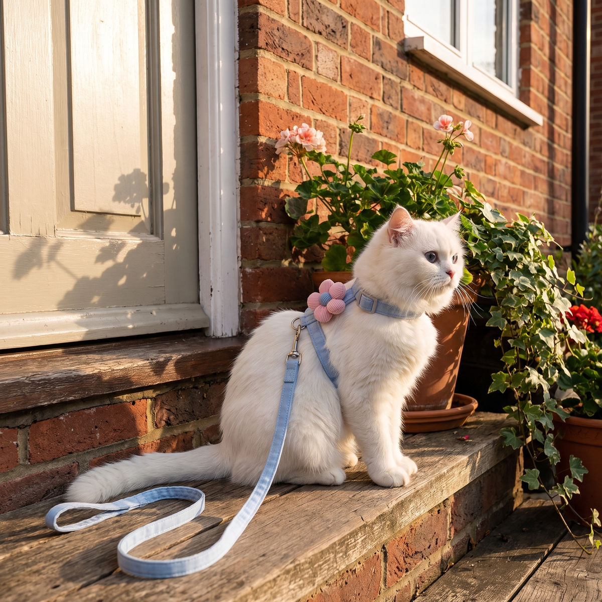 Cat in the harness sitting on a doorstep with the lead attached