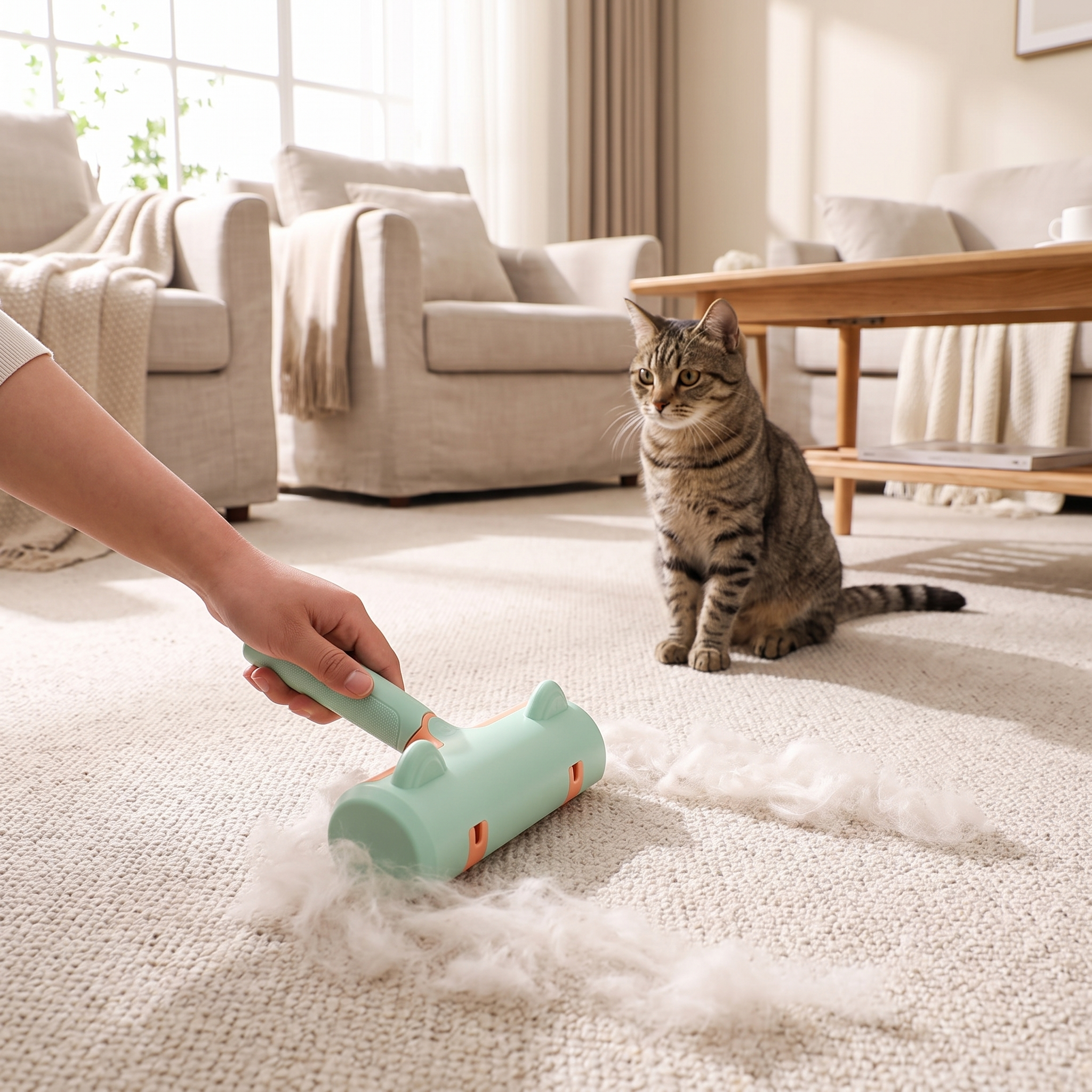 Using the hair remover brush on carpet with a cat watching nearby