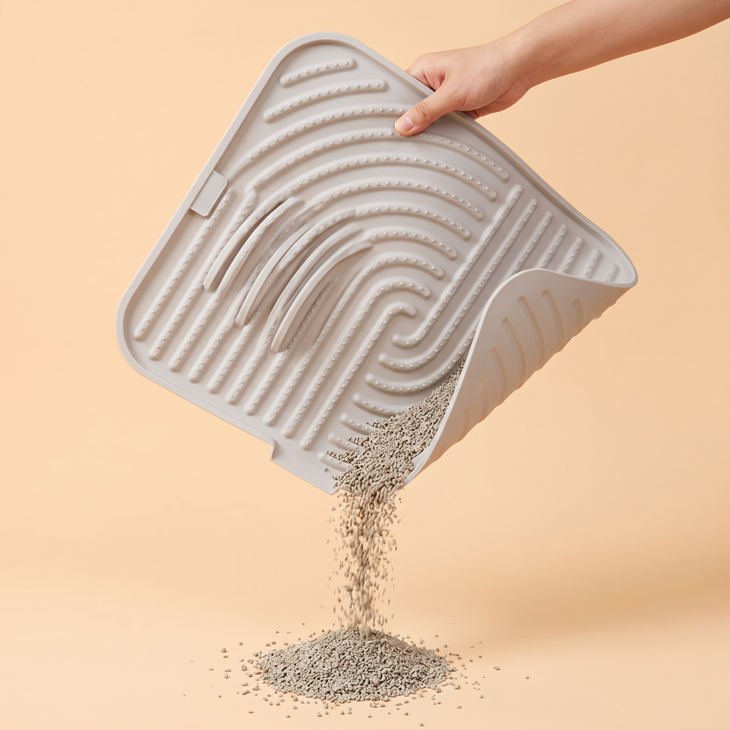 The silicone mat folded at one corner to pour out collected litter