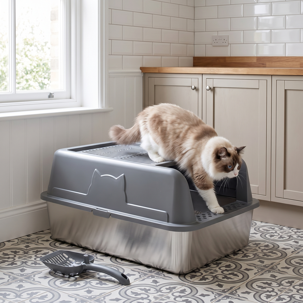 Cat stepping out of the stainless steel top entry litter box in a utility room