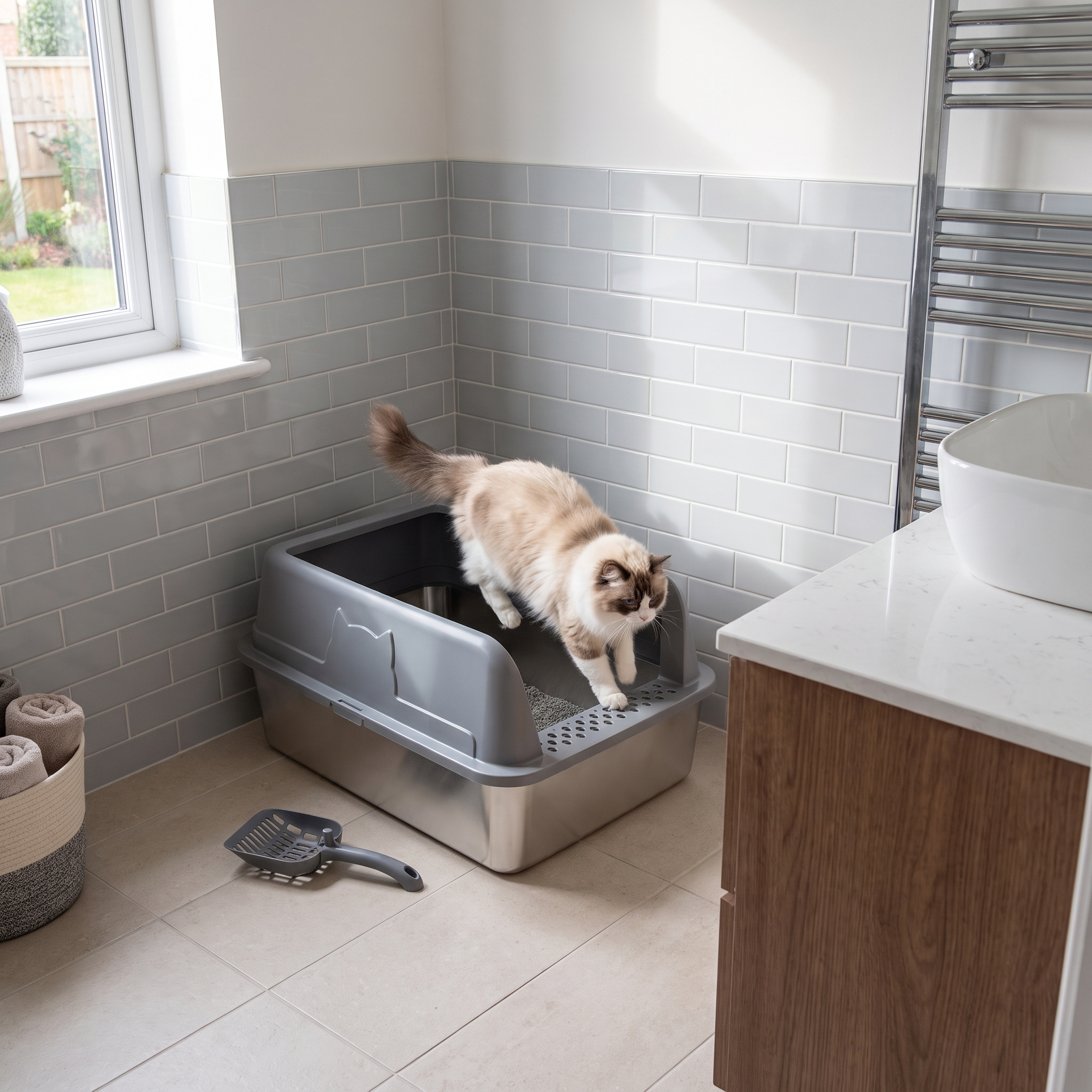 The top entry litter box in a bathroom corner with a cat about to jump on the lid