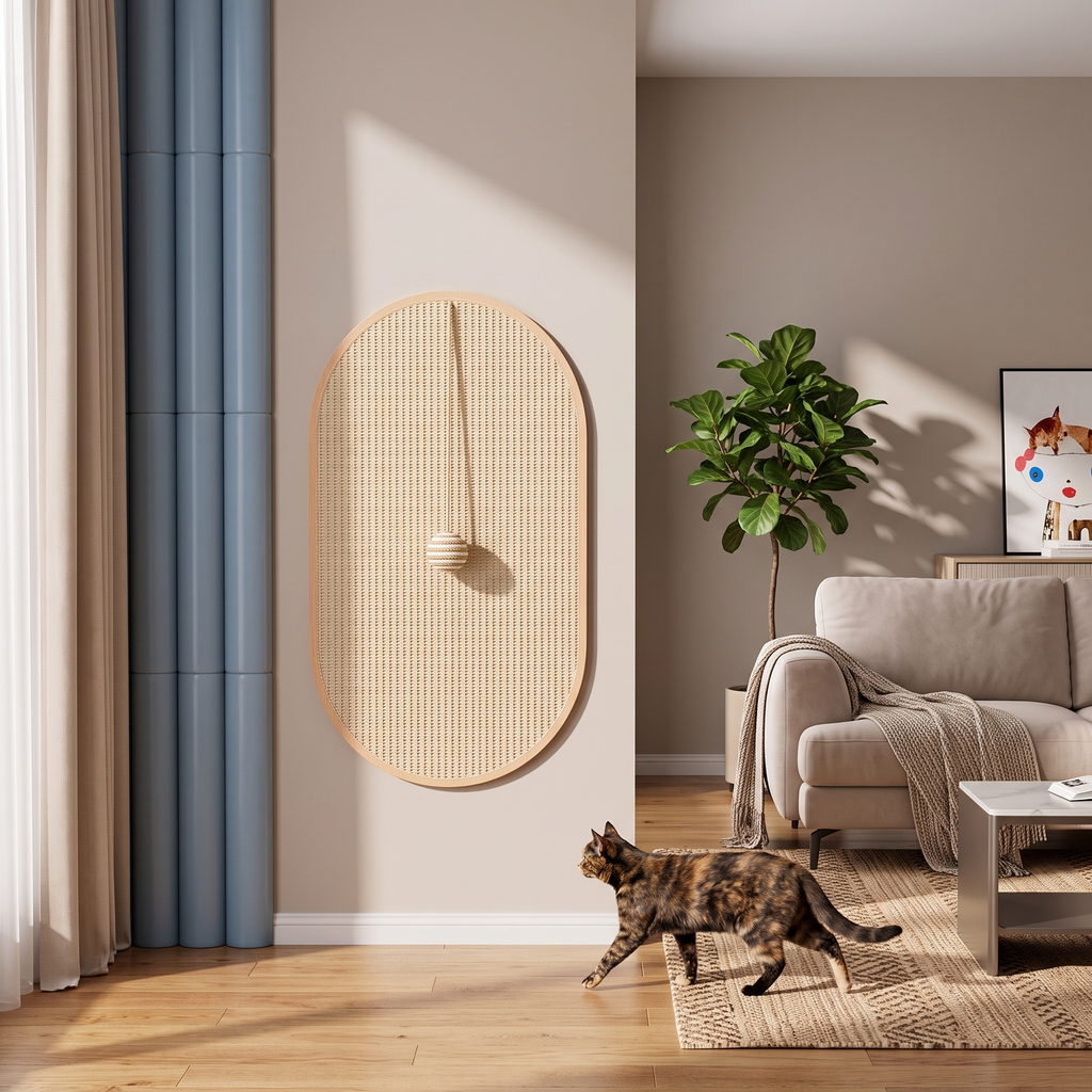 The sisal scratching board mounted beside a sofa with a cat approaching
