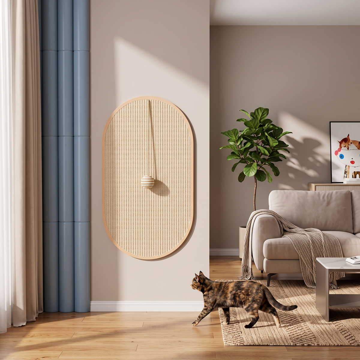 The sisal scratching board mounted beside a sofa with a cat approaching