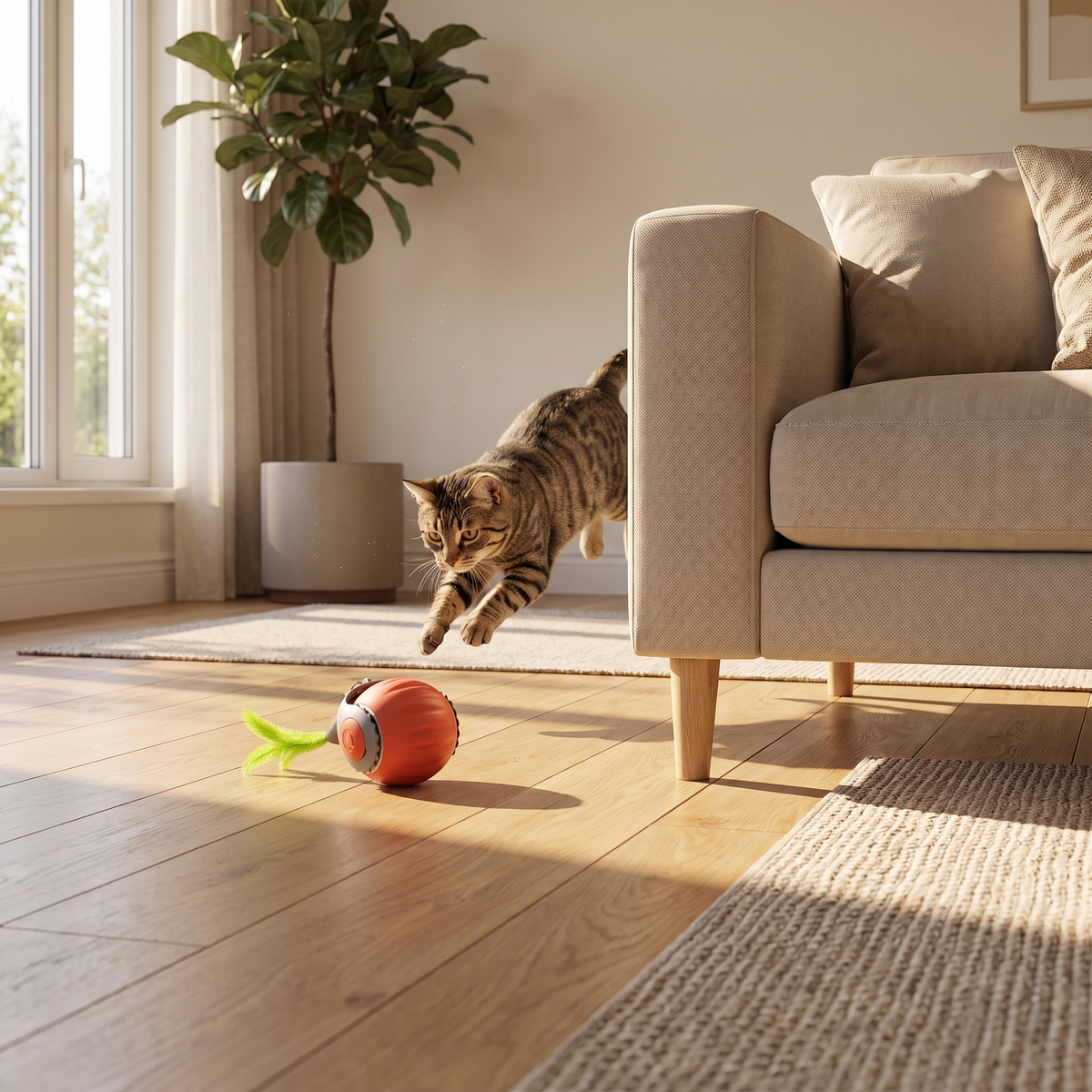 Cat mid-pounce towards the toy ball beside a sofa