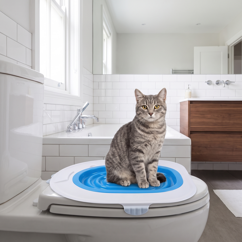 Cat toilet training tray fitted to a toilet seat with a cat using it