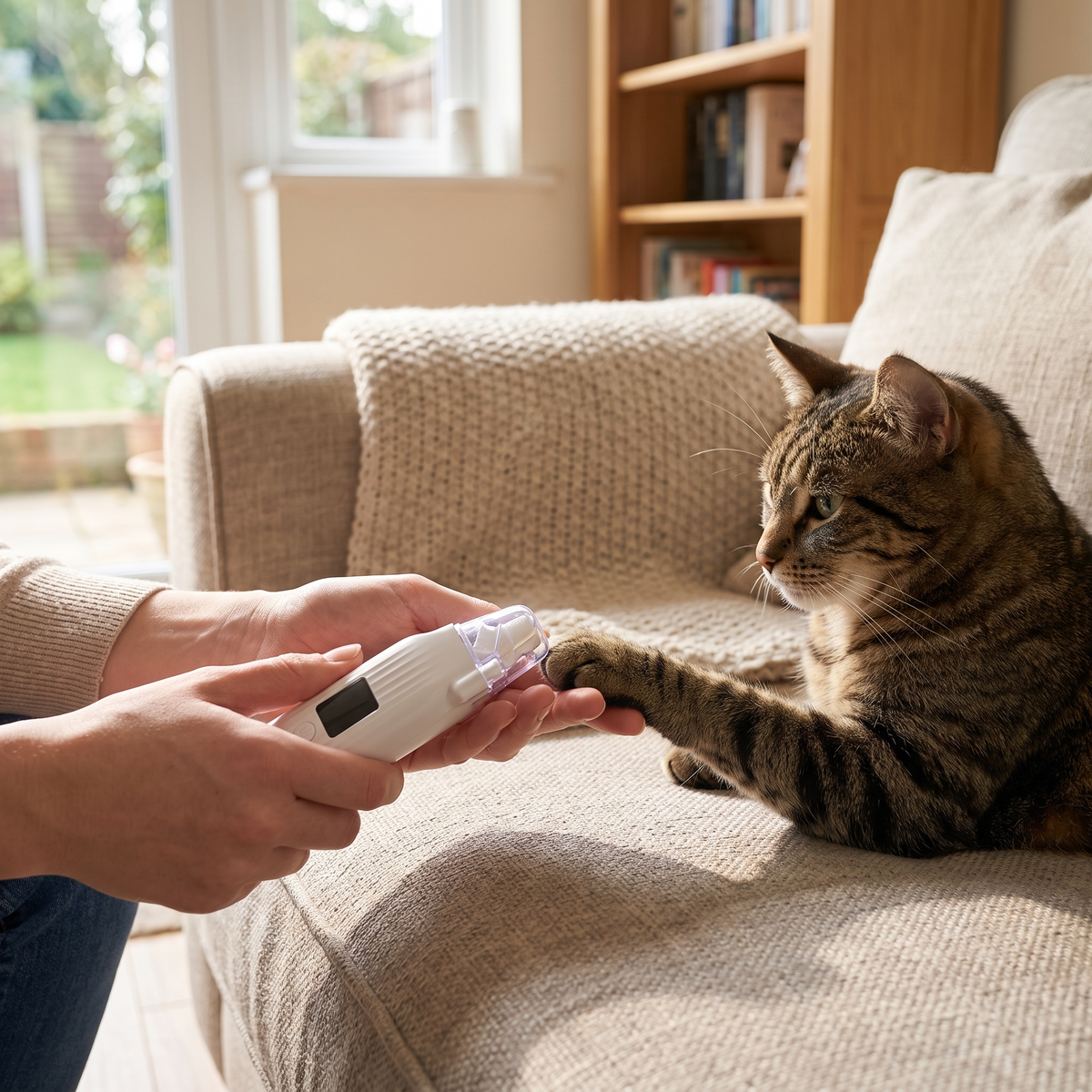 Using the rechargeable nail grinder gently on a calm cat's paw