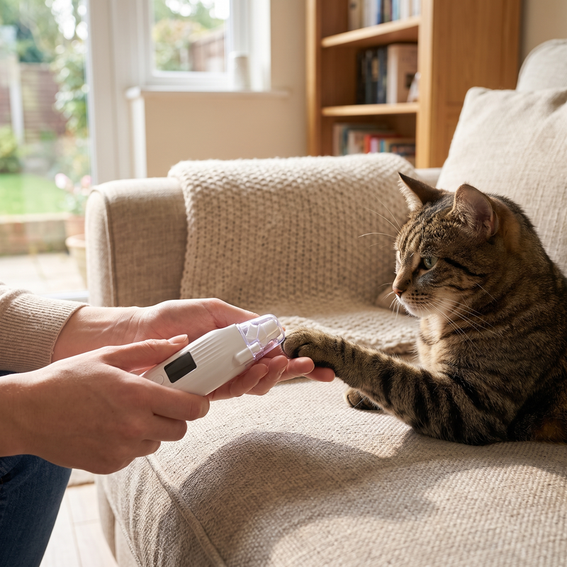 Using the rechargeable nail grinder gently on a calm cat's paw