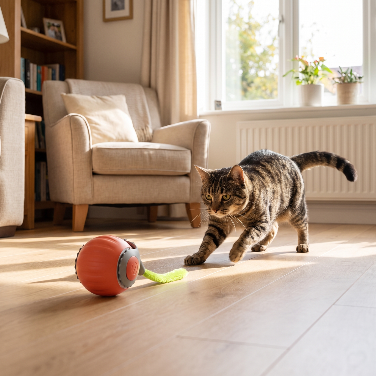 Cat chasing the self-driving electric toy ball across a wooden floor